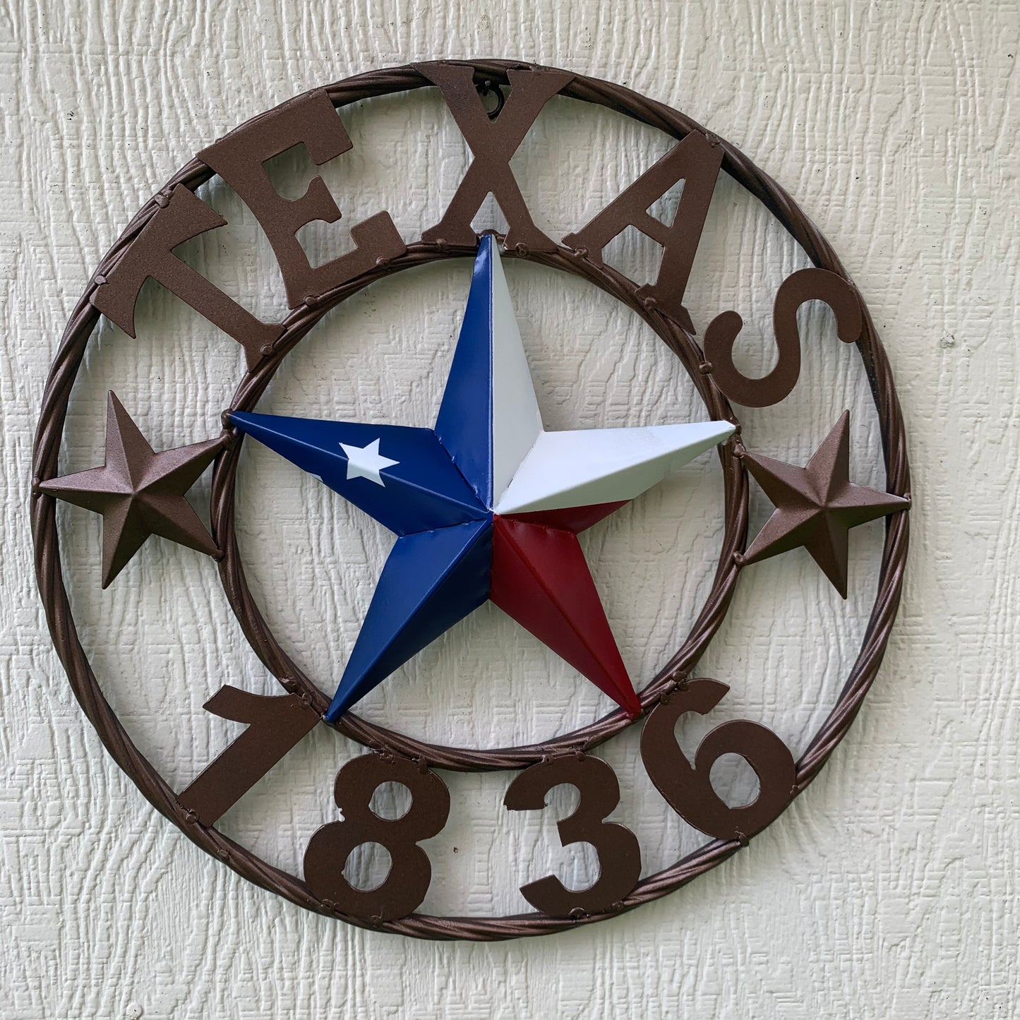 16" TEXAS 1836 RED WHITE BLUE TEXAS FLAG STAR BRONZE RING METAL BARN STAR WESTERN HOME DECOR HANDMADE NEW ART