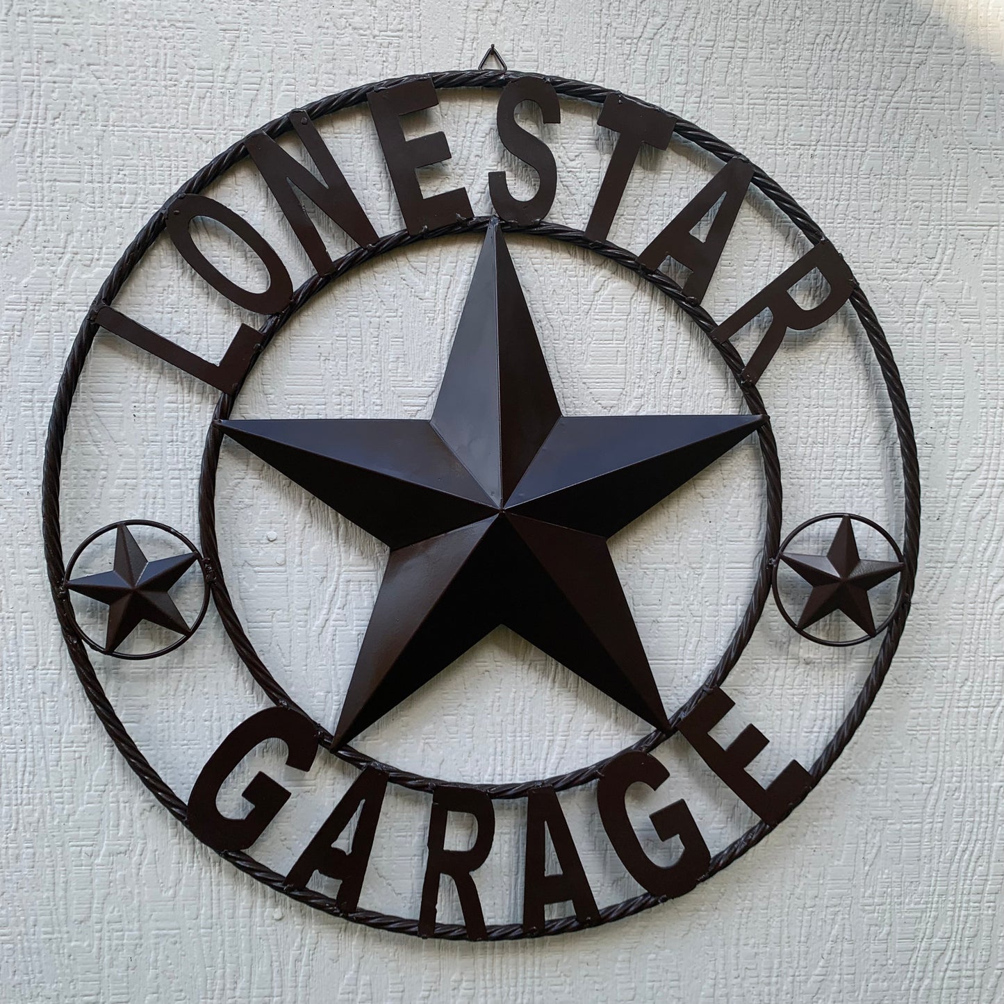 LONESTAR GARAGE STYLE CUSTOM BARN NAME STAR LONESTAR GARAGE METAL NAME BARN STAR WITH TWISTED ROPE RING 3d STAR ART WESTERN HOME DECOR RUSTIC BROWN