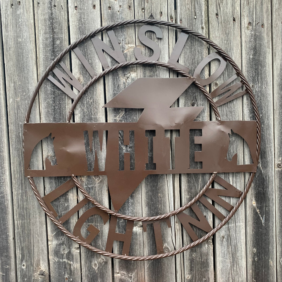 CUSTOM NAME LIGHTNIN HORSE STYLE SIGN RAW METAL BARN ROPE RING WESTERN HOME DECOR HANDMADE 24",32",36"