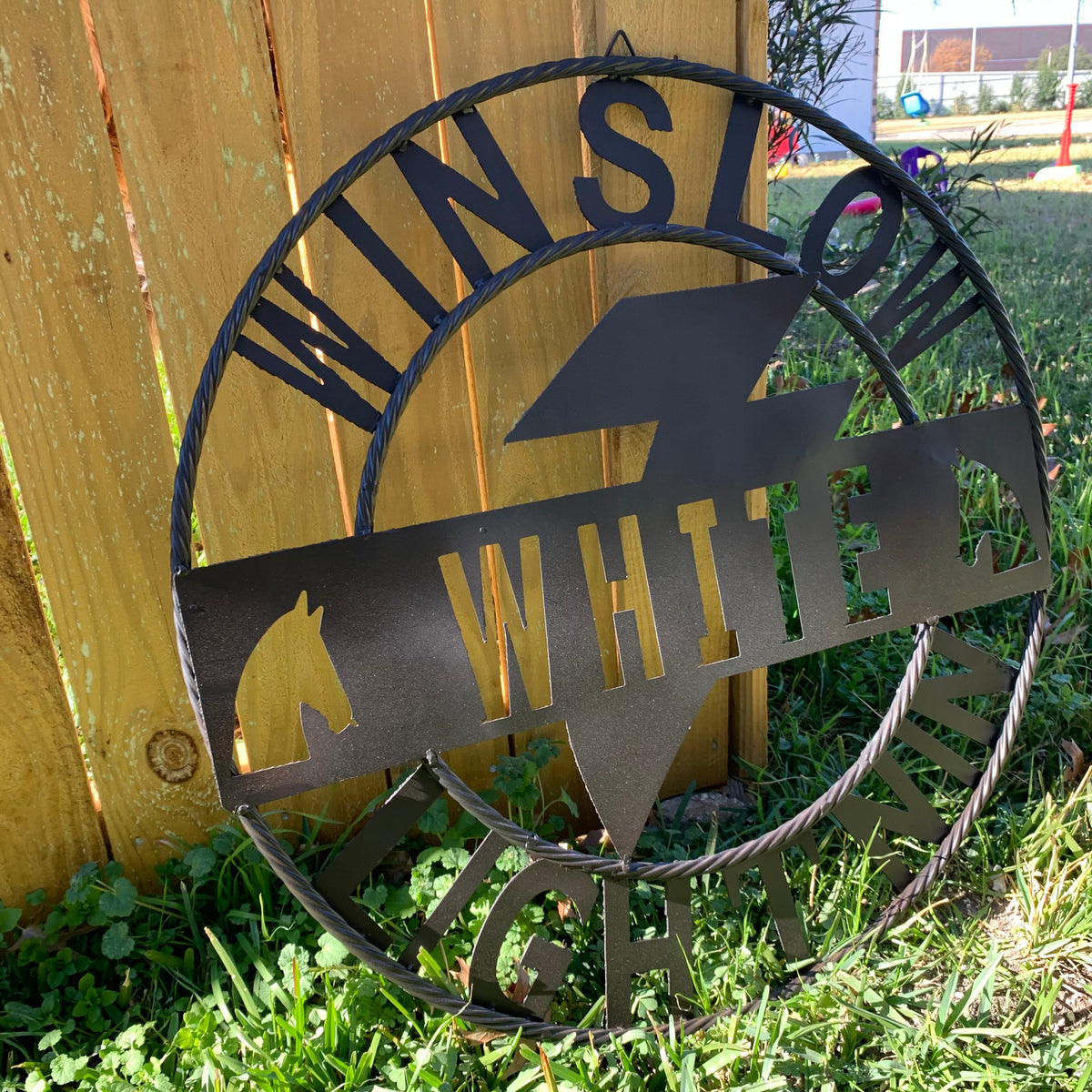 CUSTOM NAME LIGHTNIN HORSE STYLE SIGN RAW METAL BARN ROPE RING WESTERN HOME DECOR HANDMADE 24",32",36"