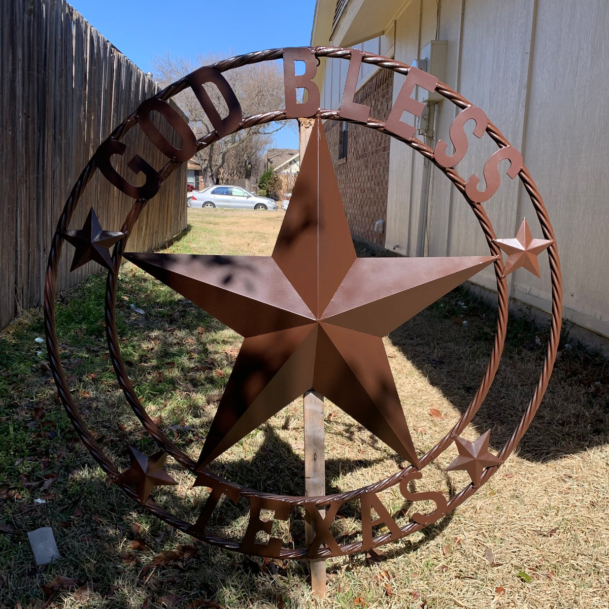 GOD BLESS TEXAS BROWN BARN STAR METAL LONE STAR TWISTED ROPE RING WESTERN HOME DECOR HANDMADE NEW #EH11085