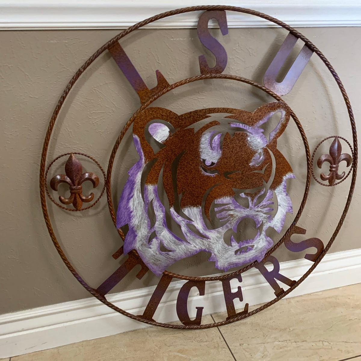 LSU TIGERS PURPLE WHITE CUSTOM METAL VINTAGE CRAFT SIGN TEAM WALL ART WESTERN HOME DECOR HANDMADE