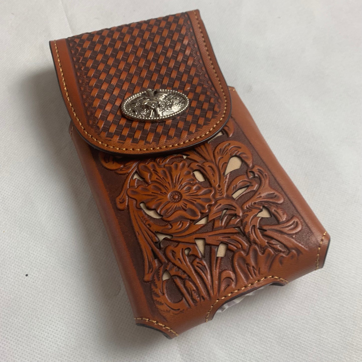7.5" RODEO BULL RIDER TAN BEIGE LEATHER POUCH EXTRA LARGE  BELT LOOP HOLSTER CELL PHONE CASE UNIVERSAL OVERSIZE HANDMADE #EH12963