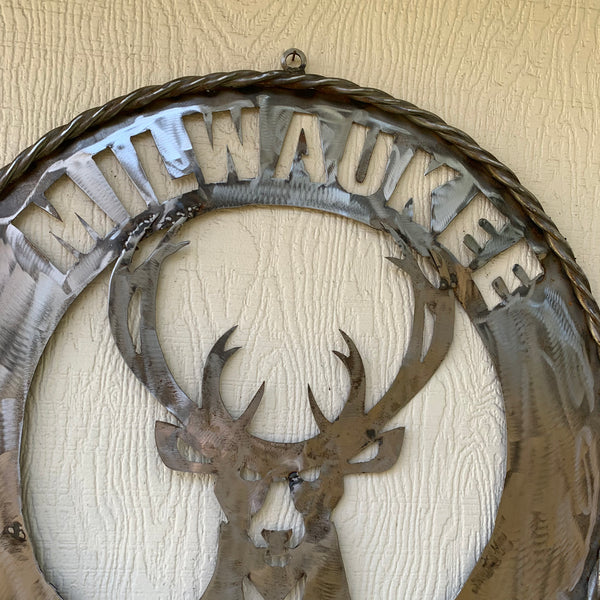 24" MILWAUKEE BUCKS RAW METAL WIDE BAND DISC STYLE METAL CUSTOM VINTAGE CRAFT TEAM SPORTS SIGN HANDMADE