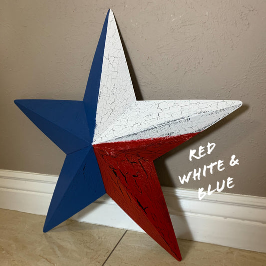 CRACKLE STYLE RED WHITE & BLUE METAL BARN STAR METAL WALL ART WESTERN HOME DECOR RUSTIC NEW