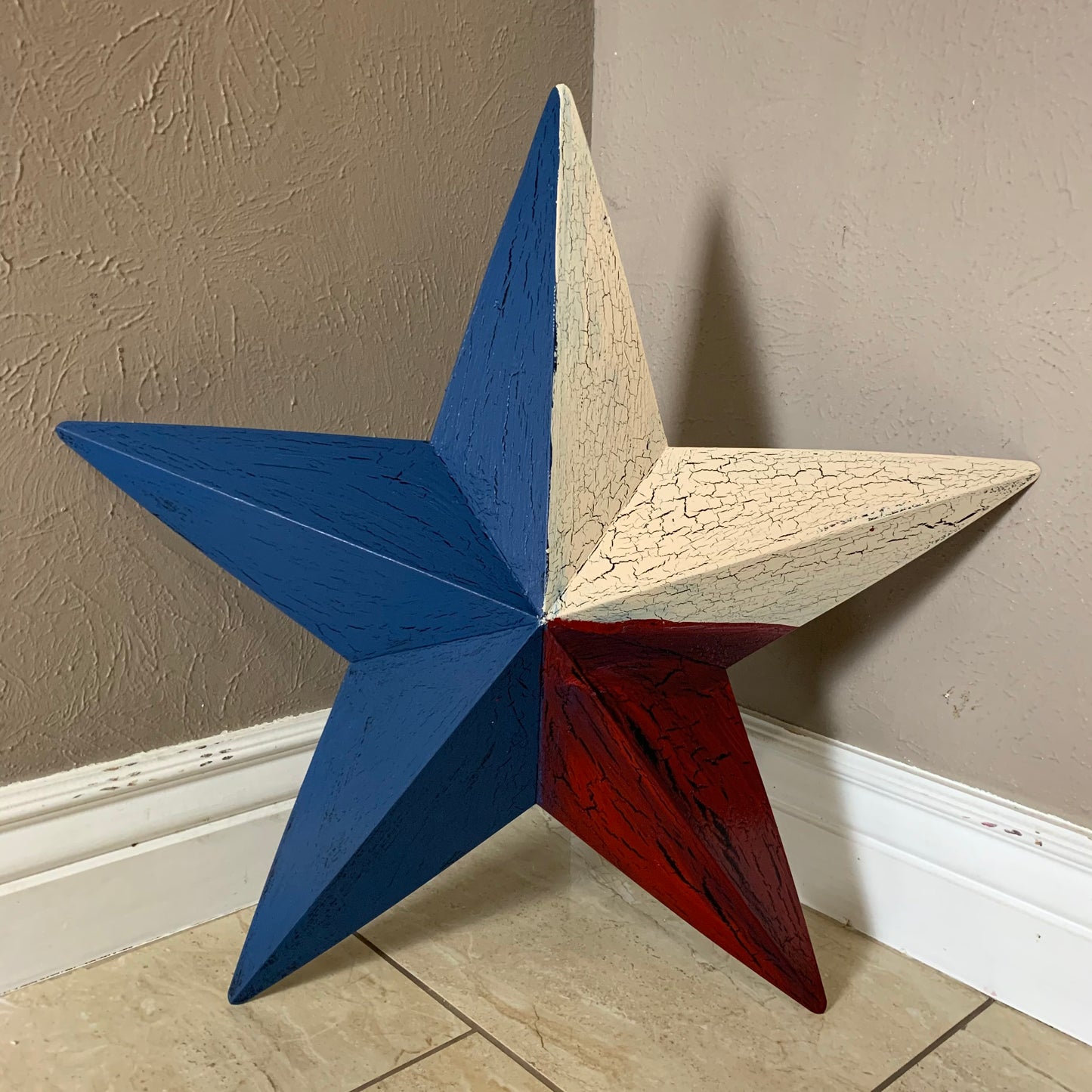 CRACKLE STYLE RED BEIGE & BLUE METAL BARN STAR METAL WALL ART WESTERN HOME DECOR RUSTIC NEW