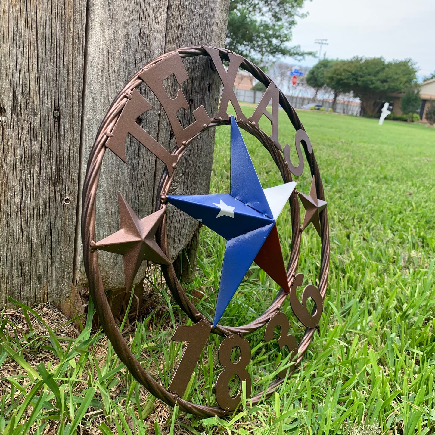 16" TEXAS 1836 RED WHITE BLUE TEXAS FLAG STAR BRONZE RING METAL BARN STAR WESTERN HOME DECOR HANDMADE NEW ART