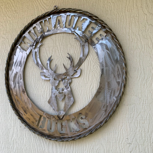 24" MILWAUKEE BUCKS RAW METAL WIDE BAND DISC STYLE METAL CUSTOM VINTAGE CRAFT TEAM SPORTS SIGN HANDMADE