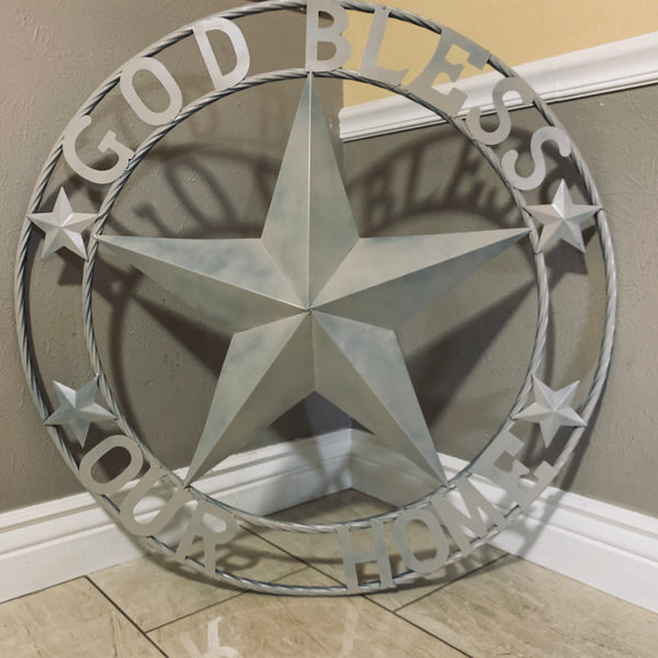 GOD BLESS OUR HOME RUSTIC BEIGE BARN METAL STAR ROPE RING WALL ART WESTERN HOME DECOR HANDMADE NEW #EH11686