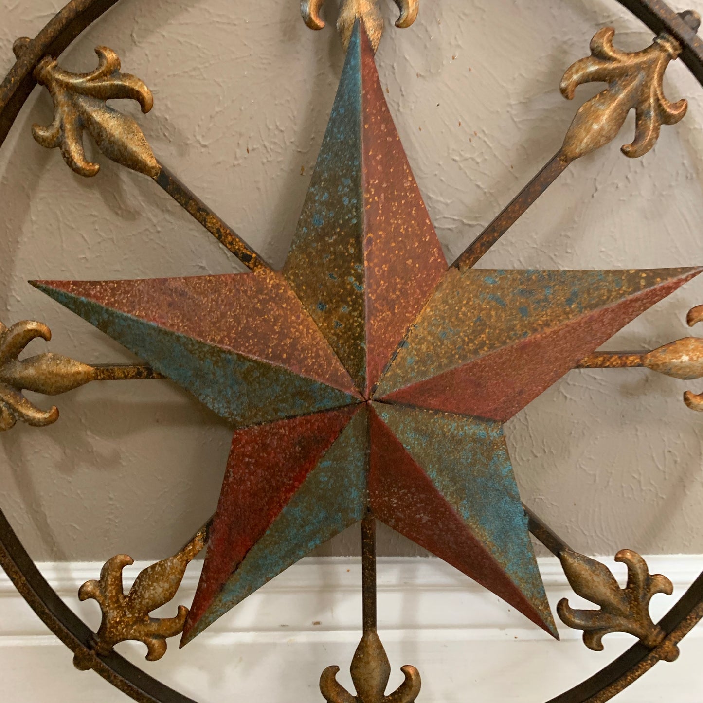 24" RUSTIC STAR & MULTI FLEUR DE LIS METAL WALL ART WESTERN HOME DECOR RED GOLD & TURQUOISE ART