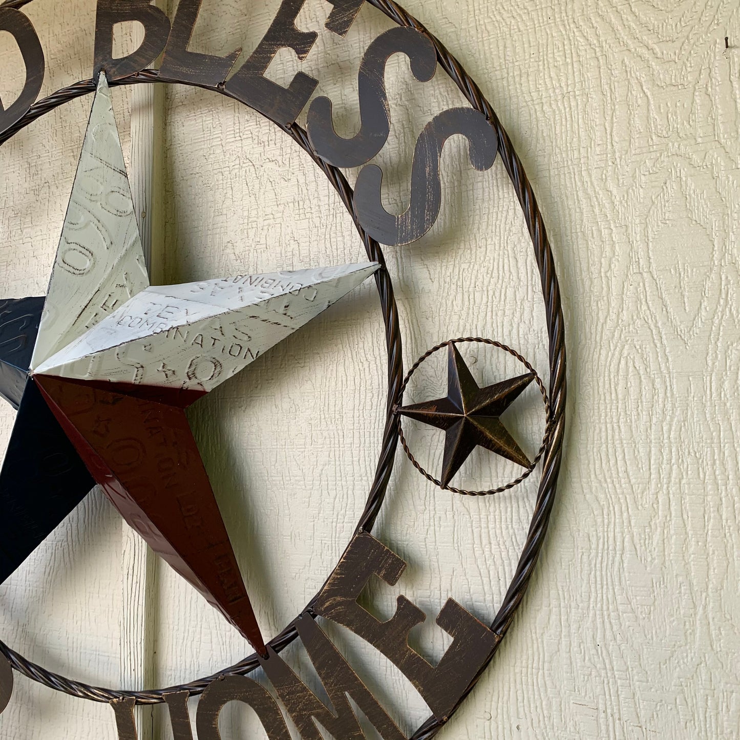 GOD BLESS OUR HOME LICENSE PLATE BARN METAL STAR ROPE RING WALL ART WESTERN HOME DECOR RED WHITE BLUE HANDMADE #EH12927