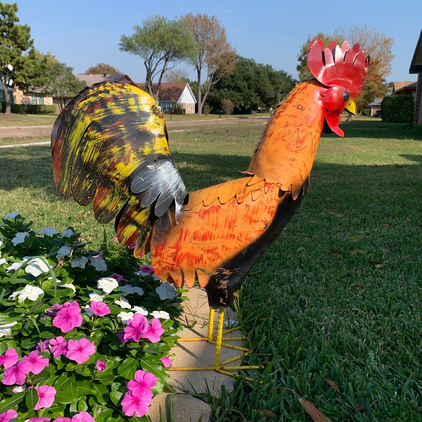 #34-025 RUSTIC ORANGE RED ROOSTER 18",30",40" GARDEN METAL ANIMAL SCULPTURE METAL DECOR ORNAMENT 16"L x 20" high