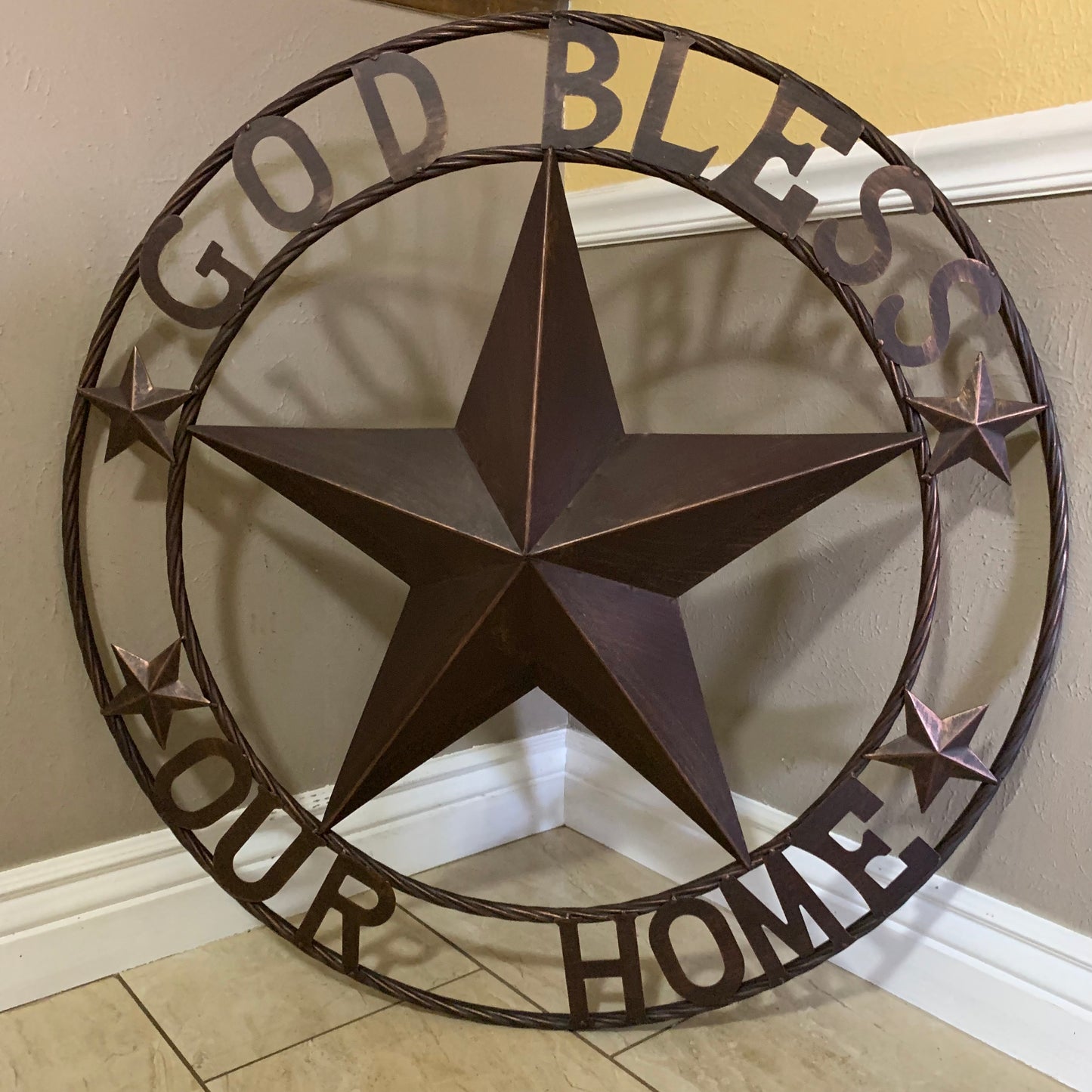 GOD BLESS OUR HOME BARN STAR METAL LONE STAR TWISTED ROPE RING WESTERN HOME DECOR HANDMADE #EH11040
