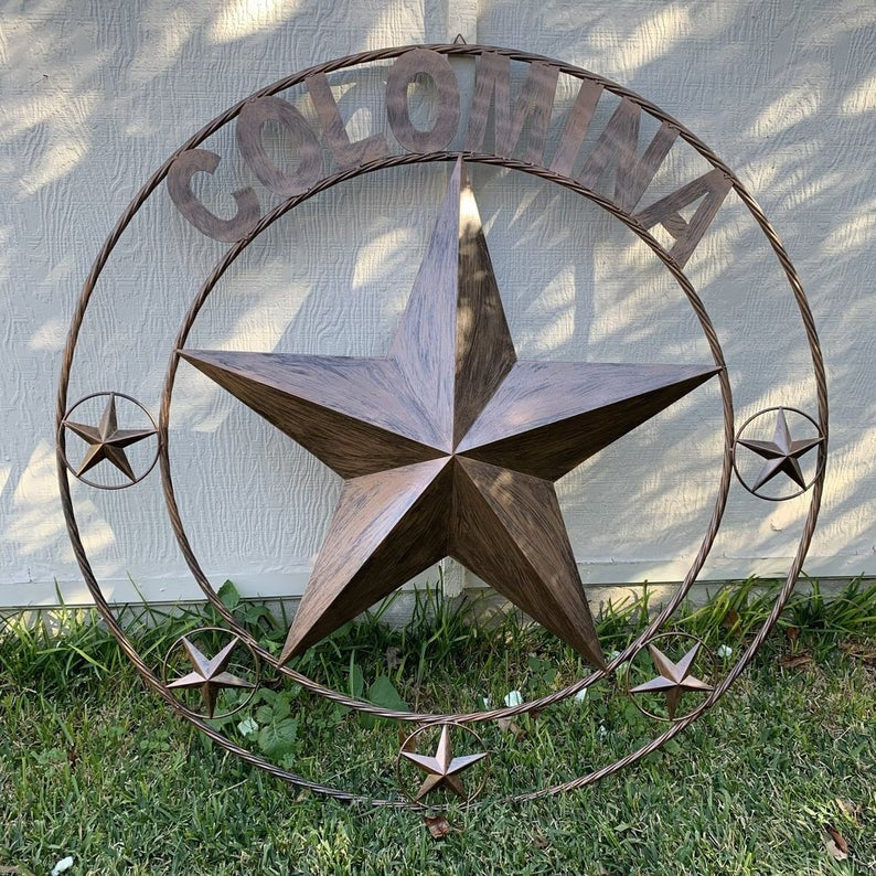 COLOMINA STYLE YOUR CUSTOM NAME BARN STAR BRONZE BRUSH COPPER METAL STAR 3d TWISTED ROPE RING COLOMINA WESTERN HOME DECOR RUSTIC VINTAGE HANDMADE 24",32",36",40",42",44",46",50"