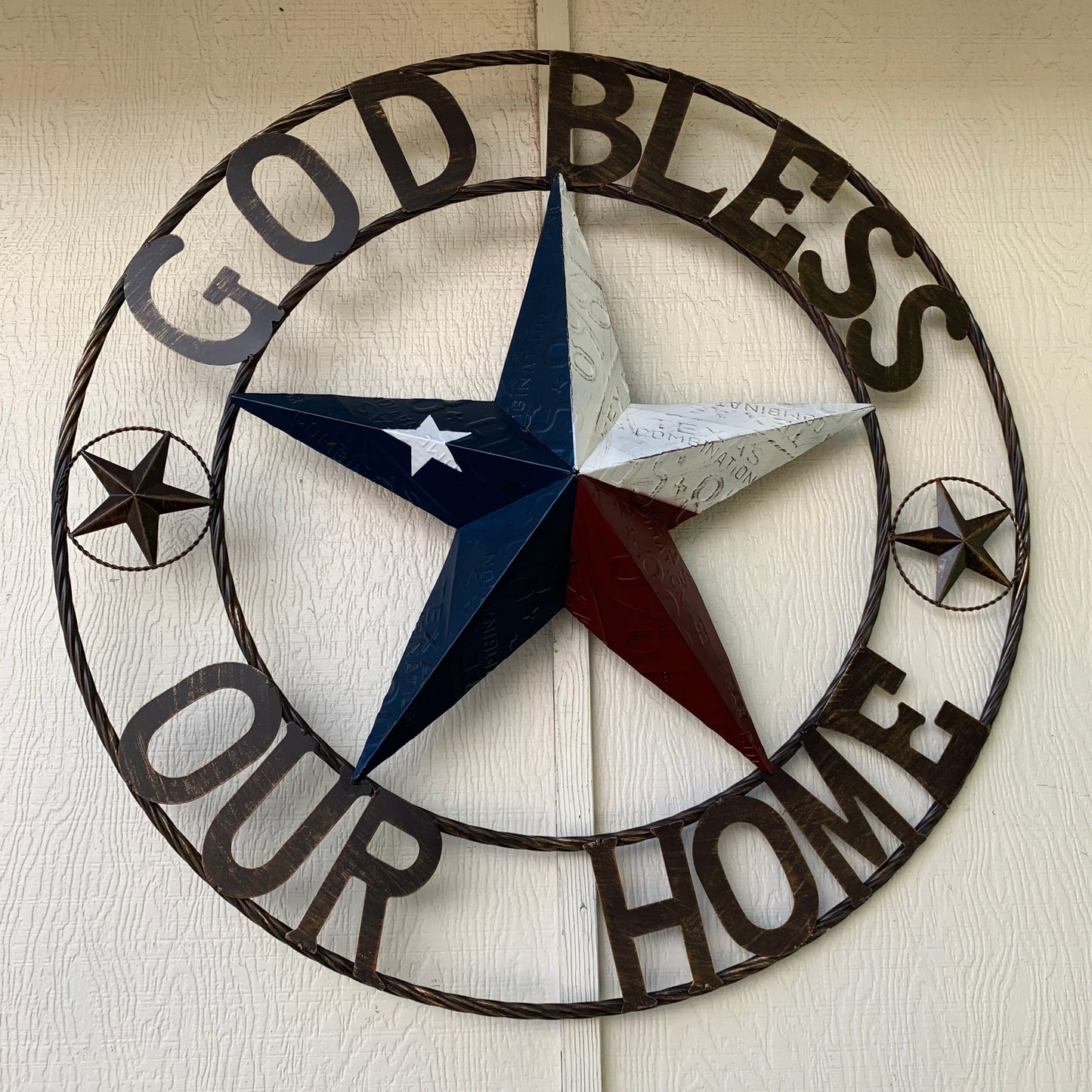 GOD BLESS OUR HOME LICENSE PLATE BARN METAL STAR ROPE RING WALL ART WESTERN HOME DECOR RED WHITE BLUE HANDMADE #EH12927