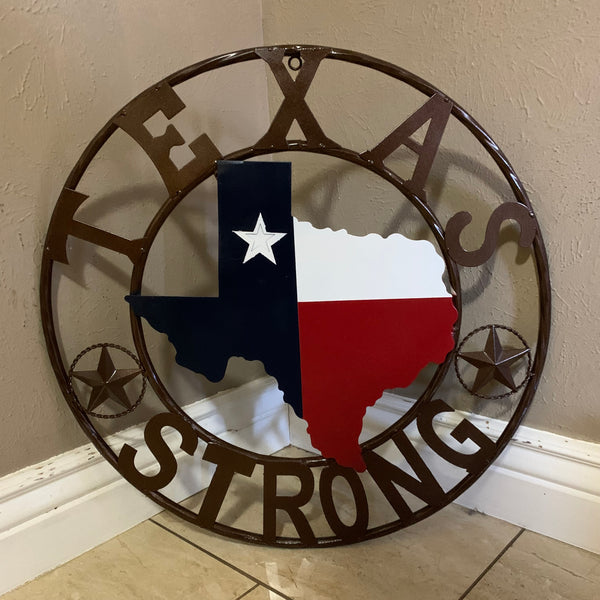 TEXAS STRONG SIGN METAL WALL ART WESTERN HOME DECOR RED WHITE BLUE WITH BRONZE RING HANDMADE #EH13212
