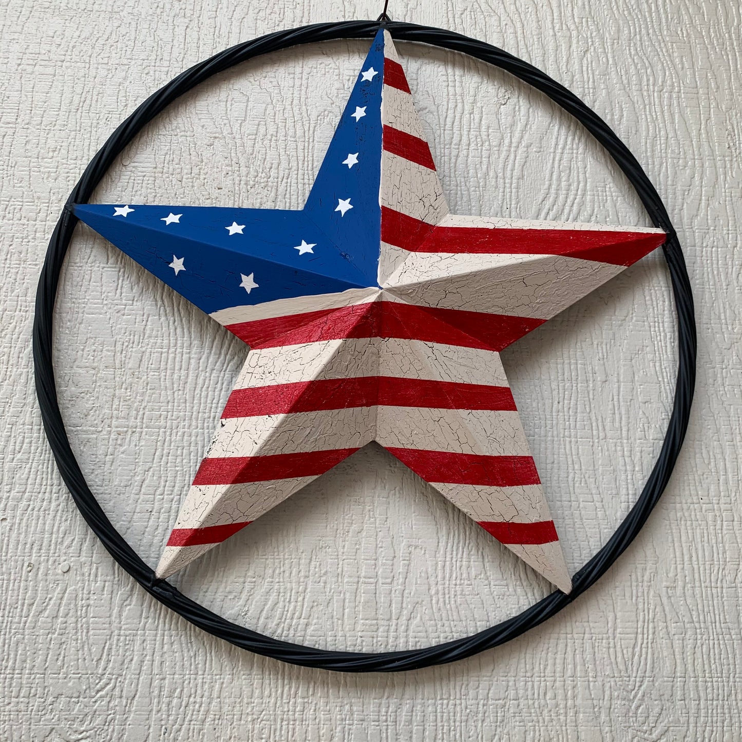 24" AMERICAN USA FLAG CRACKLE STAR METAL WALL ART WESTERN HOME DECOR HANDMADE NEW