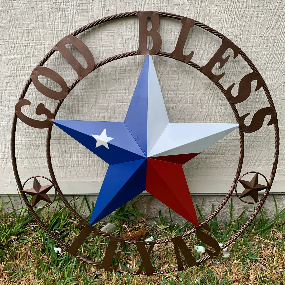 GOD BLESS TEXAS RED WHITE BLUE BARN METAL STAR BRONZE TWISTED ROPE RING WALL ART WESTERN HOME DECOR HANDMADE #EH11884