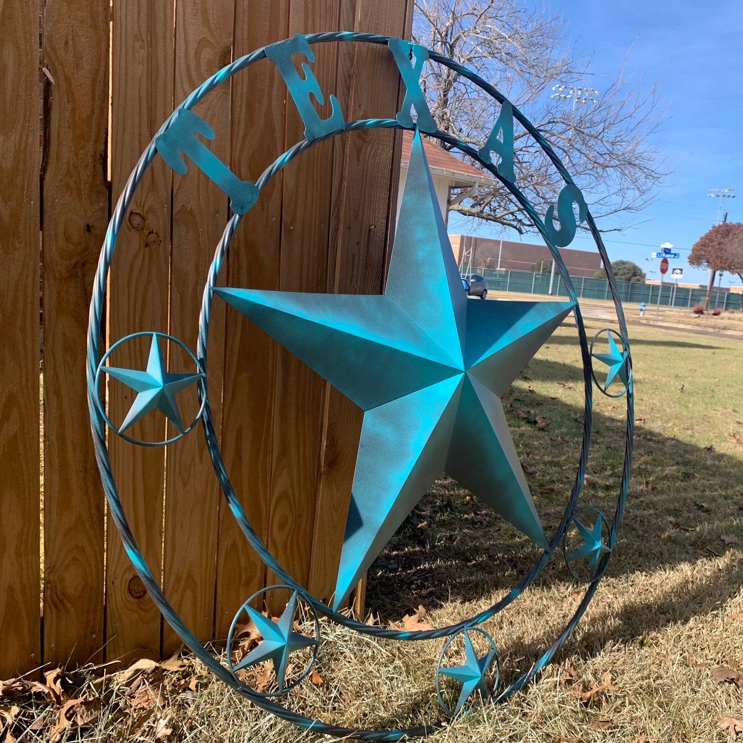 TEXAS LONESTAR TURQUOISE DISTRESSED TWO TONE METAL BARN STAR TWISTED ROPE RING WALL ART WESTERN HOME DECOR HANDMADE NEW #EH10483