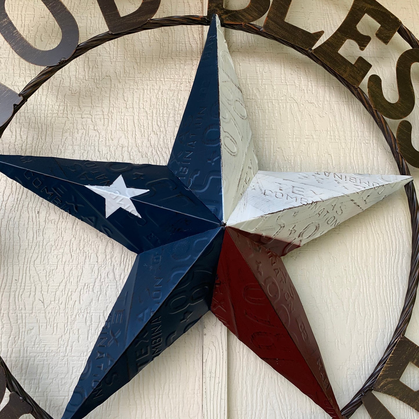 GOD BLESS OUR HOME LICENSE PLATE BARN METAL STAR ROPE RING WALL ART WESTERN HOME DECOR RED WHITE BLUE HANDMADE #EH12927