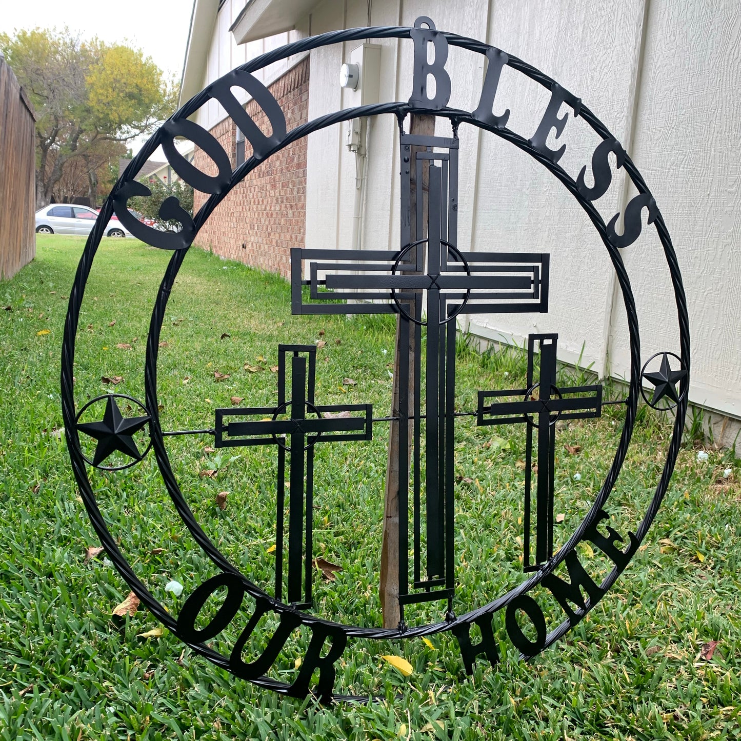 40"GOD BLESS OUR HOME CRUCIFIX CROSS METAL WALL ART BLACK HANDMADE NEW