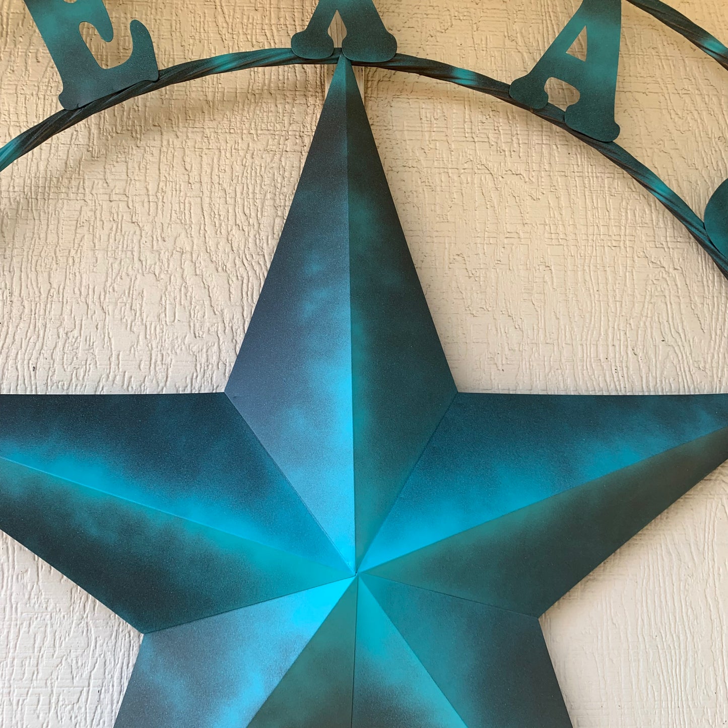 TEXAS LONESTAR TURQUOISE DISTRESSED TWO TONE METAL BARN STAR TWISTED ROPE RING WALL ART WESTERN HOME DECOR HANDMADE NEW #EH10483