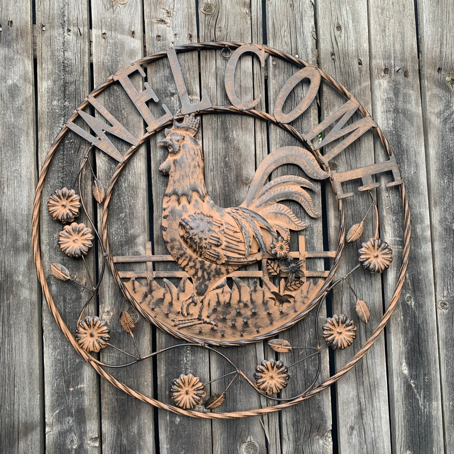 #EH11437 ROOSTER WELCOME 24" SCROLL ART METAL SIGN WESTERN HOME DECOR NEW