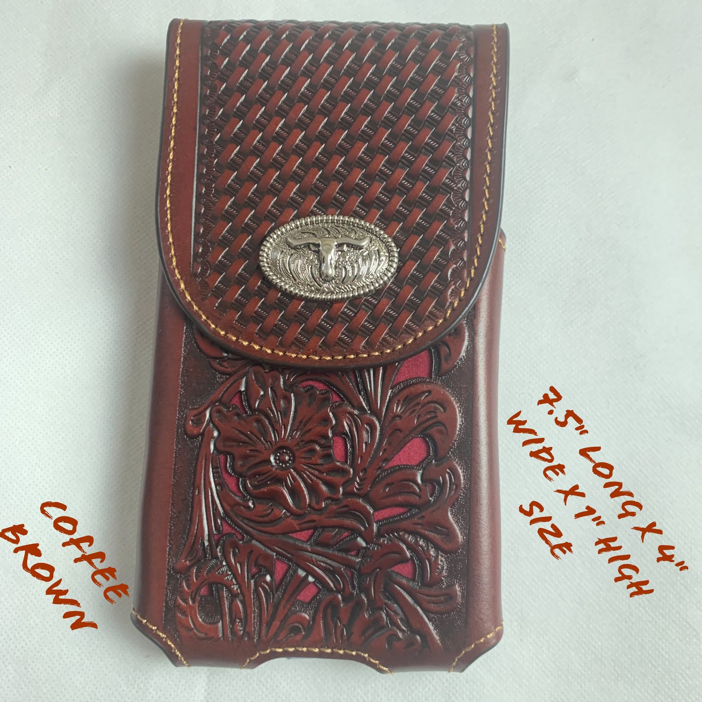 7.5" LONGHORNS COFFEE BROWN LEATHER POUCH EXTRA LARGE  BELT LOOP HOLSTER CELL PHONE CASE UNIVERSAL OVERSIZE