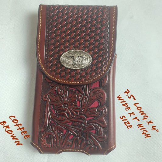 7.5" LONGHORNS COFFEE BROWN LEATHER POUCH EXTRA LARGE  BELT LOOP HOLSTER CELL PHONE CASE UNIVERSAL OVERSIZE