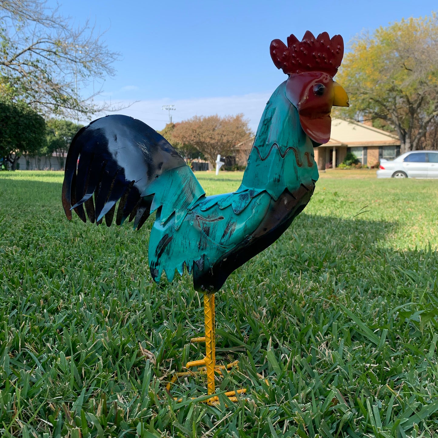 #34-041 RUSTIC TURQUOISE ROOSTER 20",30",40" CHICKEN GARDEN ANIMAL SCULPTURE METAL DECOR ORNAMENT HANDMADE