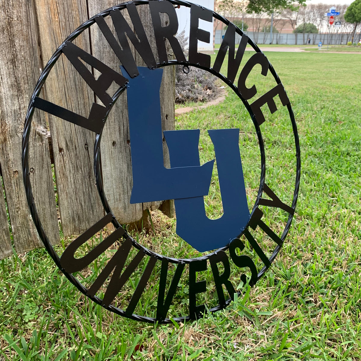 LAWRENCE UNIVERSITY METAL CUSTOM VINTAGE CRAFT WALL ART RUSTIC BLUE & BLACK TEAM SIGN HANDMADE