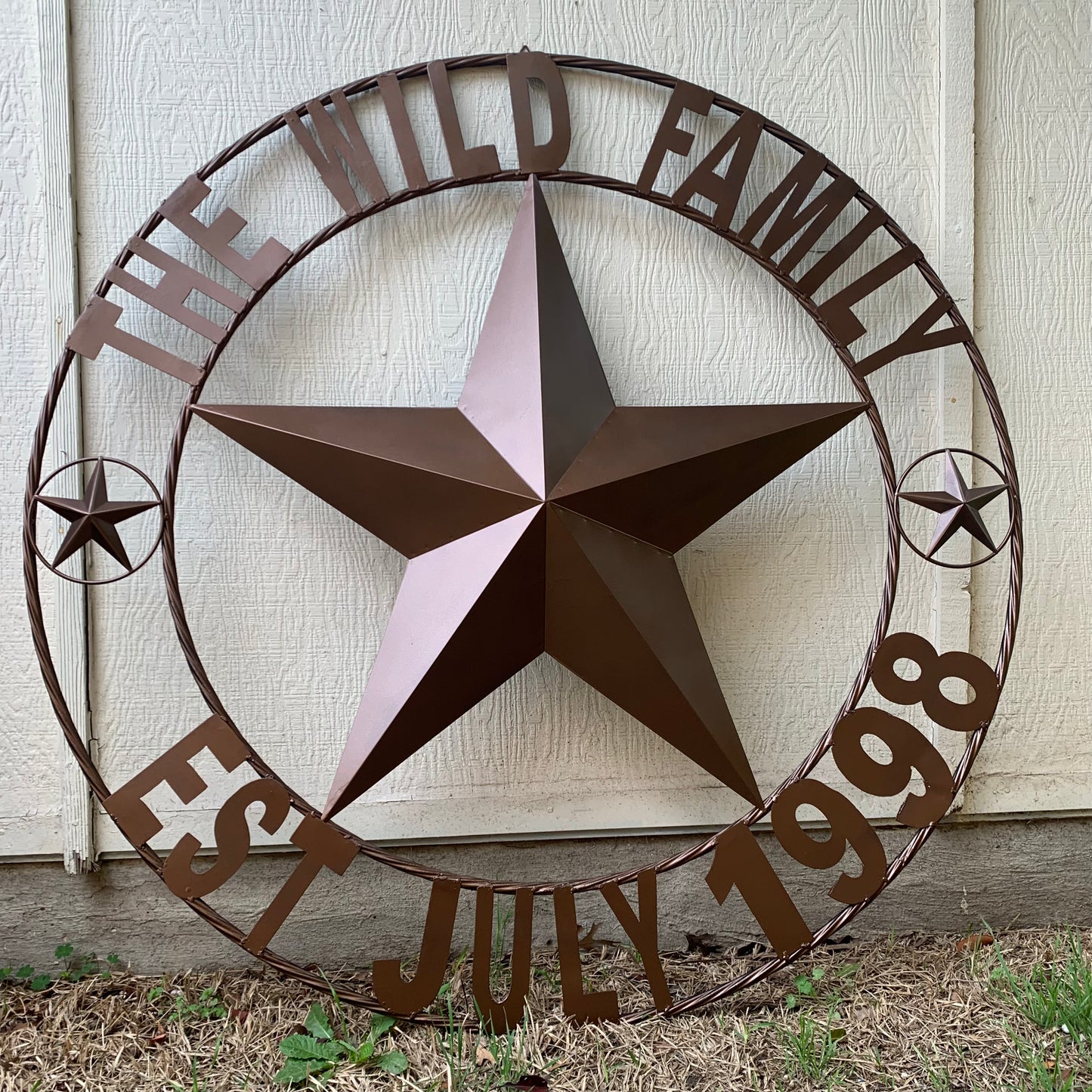 THE WILD FAMILY STYLE CUSTOM FAMILY NAME STAR METAL BARN STAR ROPE RING WESTERN HOME DECOR BRONZE HANDMADE 24",32",34",36",40",42",44",48",50"