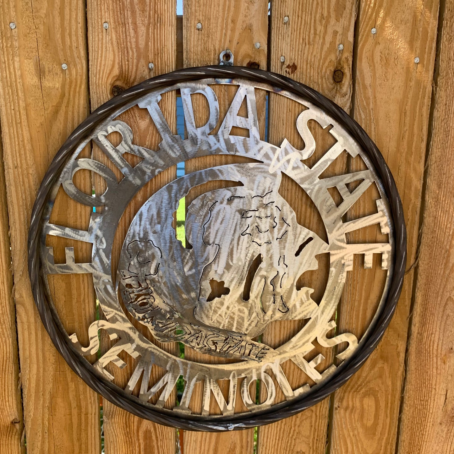 FSU FLORIDA STATE SEMINOLES INDIAN CUSTOM RAW METAL VINTAGE CRAFT TEAM SIGN HANDMADE