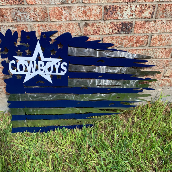 DALLAS COWBOYS METAL TATTERED FLAG NAVY BLUE, WHITE & SILVER CUSTOM VINTAGE CRAFT TEAM SIGN HANDMADE USA #EH11991