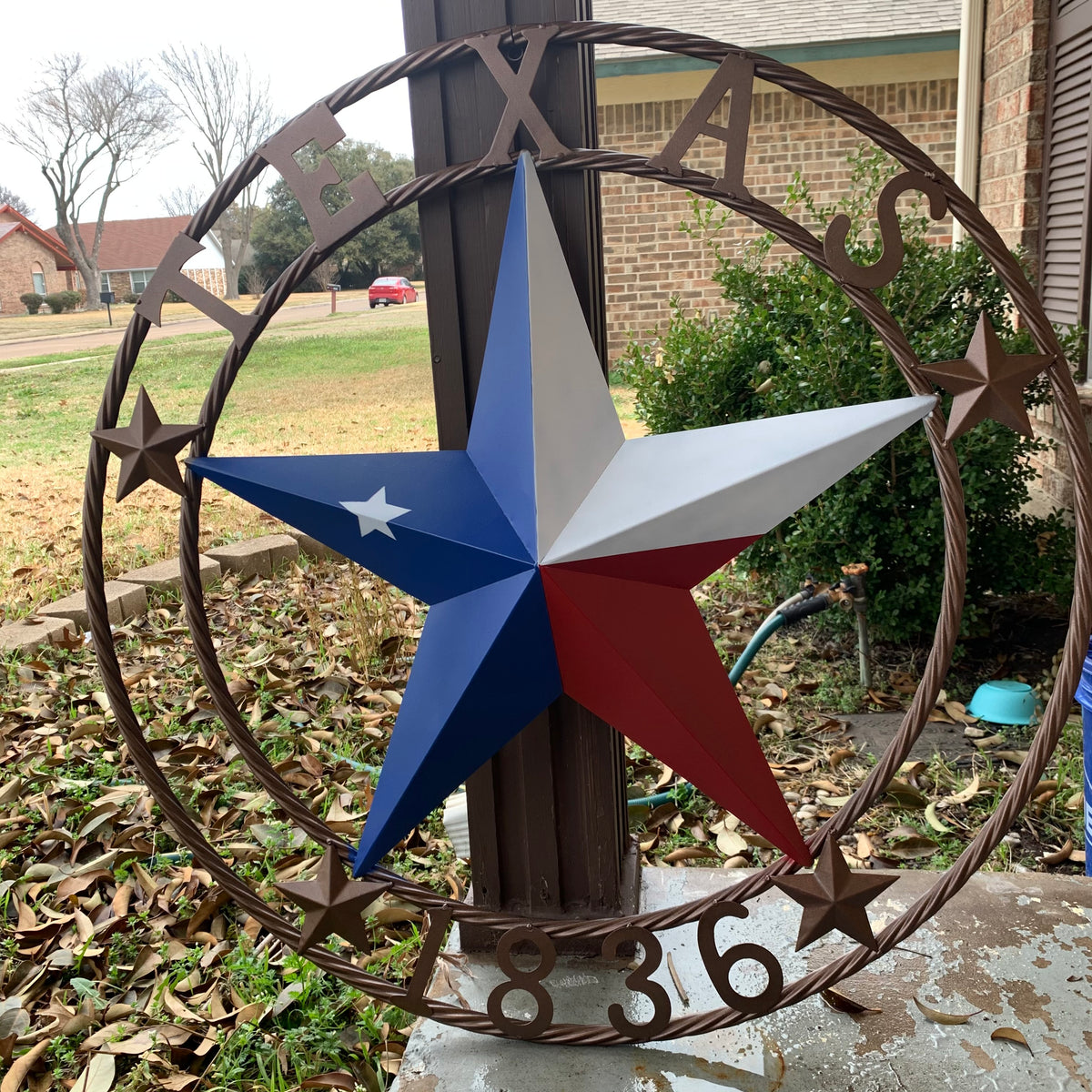 TEXAS 1836  FLAG STAR RED WHITE BLUE BARN STAR TWISTED ROPE RING BRONZE WESTERN HOME DECOR  #EH10958