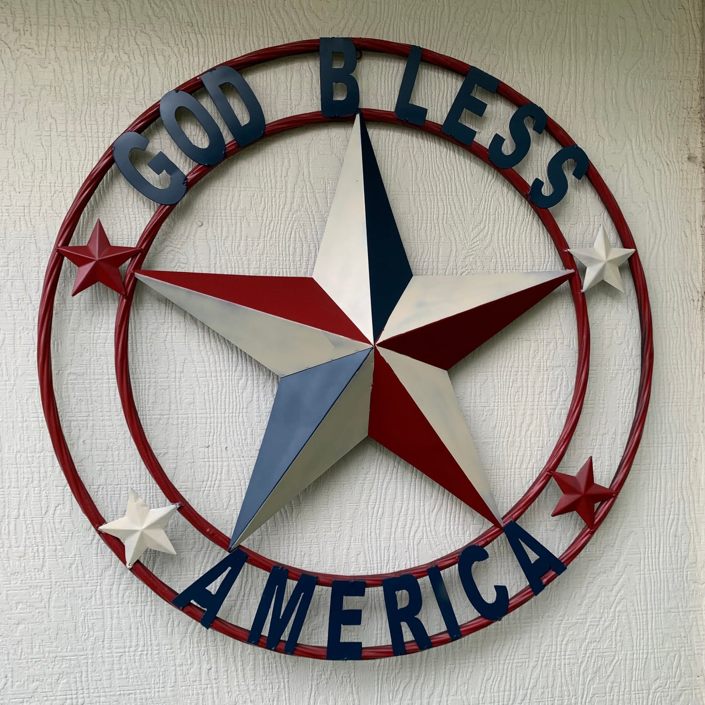 #EH10489 GOD BLESS AMERICA USA FLAG BARN STAR METAL RED WHITE BLUE WESTER HOME DECOR HANDMADE NEW
