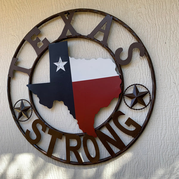 TEXAS STRONG SIGN METAL WALL ART WESTERN HOME DECOR RED WHITE BLUE WITH BRONZE RING HANDMADE #EH13212