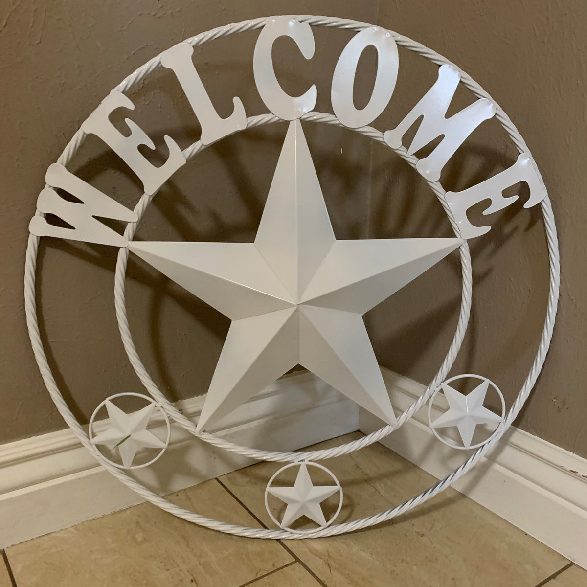 WELCOME WHITE STAR BARN STAR METALTWISTED ROPE RING LONESTAR WESTERN HOME DECOR HANDAMDE NEW 18",20",24",32",36",40",50"