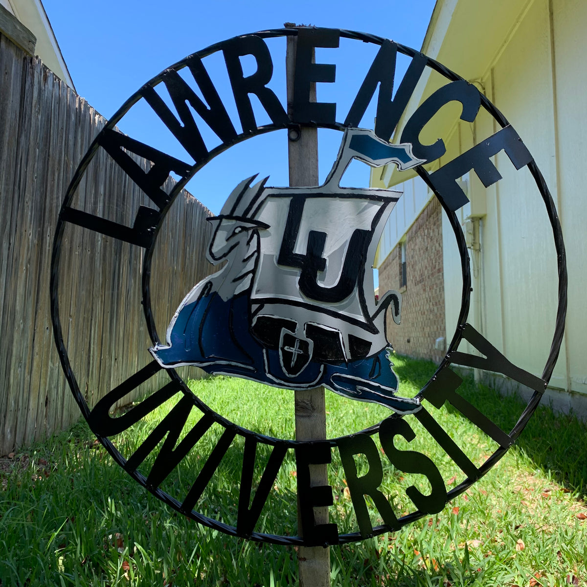 LAWRENCE UNIVERSITY METAL CUSTOM VINTAGE CRAFT WALL ART RUSTIC BLUE SILVER WHITE TEAM SIGN HANDMADE