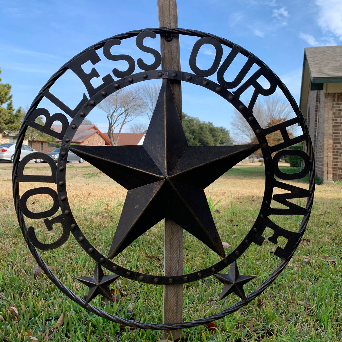 24" GOD BLESS OUR HOME BEADED STAR COLIBROX METAL TWISTED ROPE RING LONE STAR WALL ART WESTERN HOME DECOR RUSTIC DARK BRONZE COPPER HANDMADE NEW