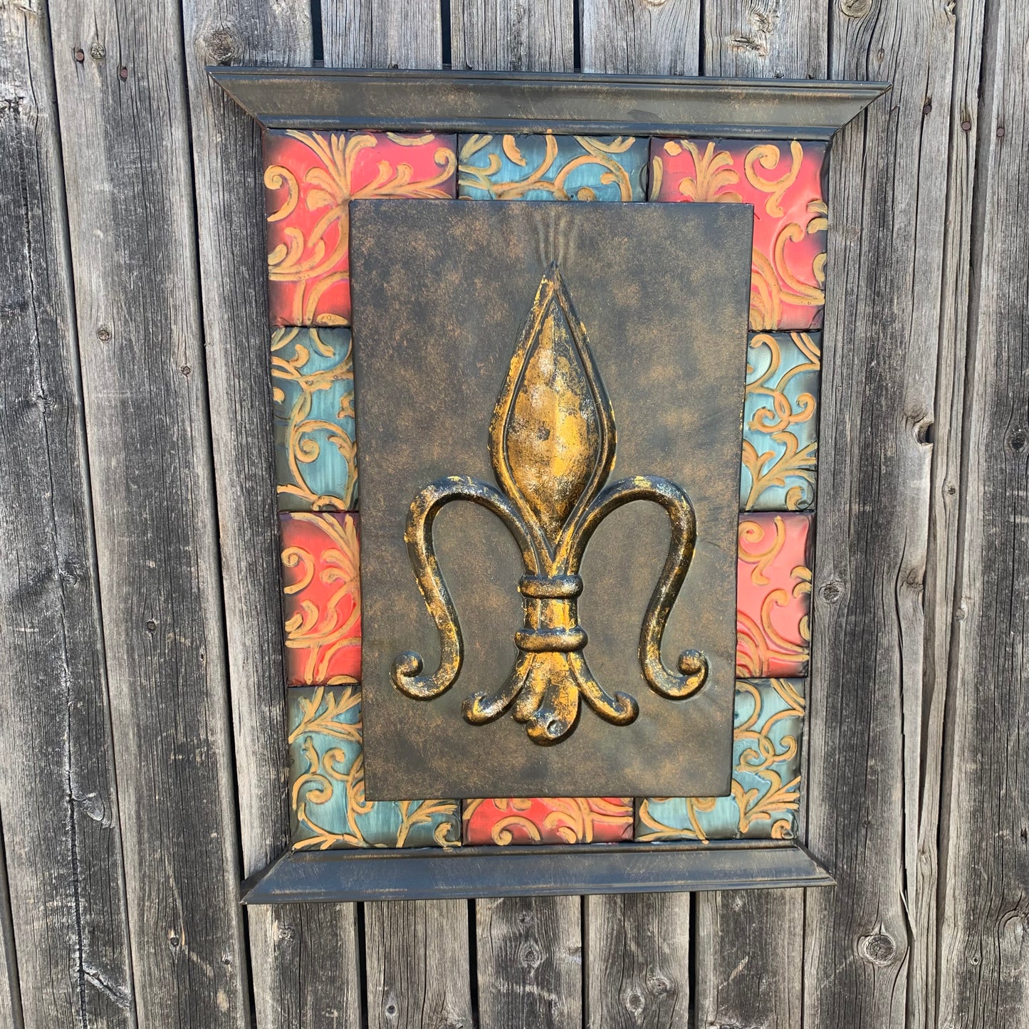 RA7868 FLEUR DE LIS SQUARE WALL DECOR WESTERN HOME DECOR 24" X 16" HANDMADE NEW