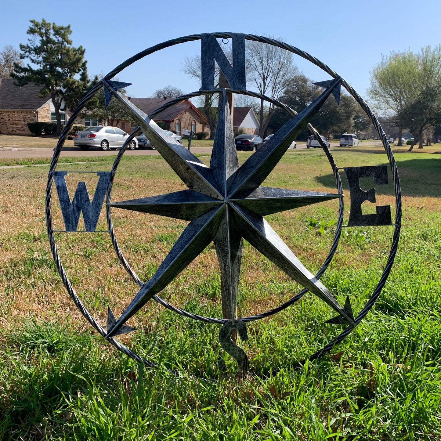 36" COMPASS GREY METAL ART WESTERN METAL ART HOME WALL DECOR RUSTIC GREY #EH10383