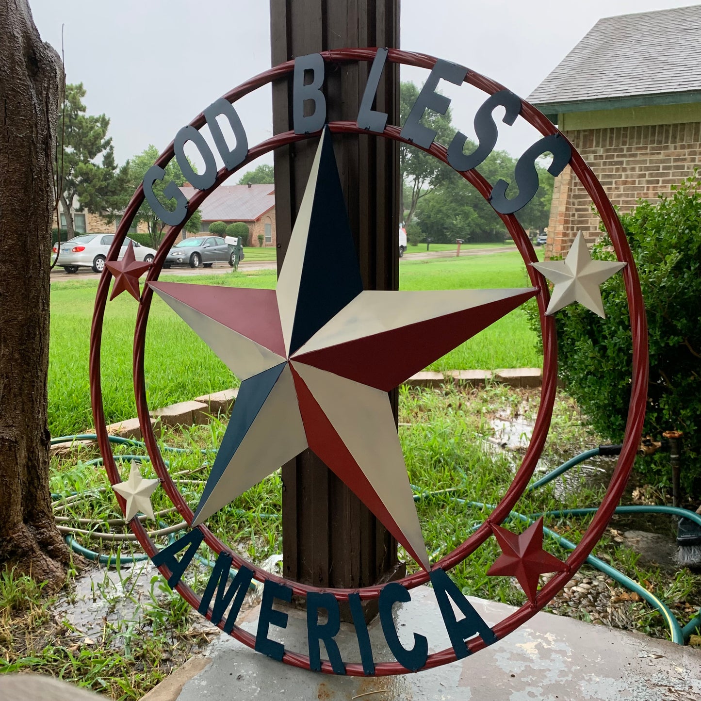 #EH10489 GOD BLESS AMERICA USA FLAG BARN STAR METAL RED WHITE BLUE WESTER HOME DECOR HANDMADE NEW