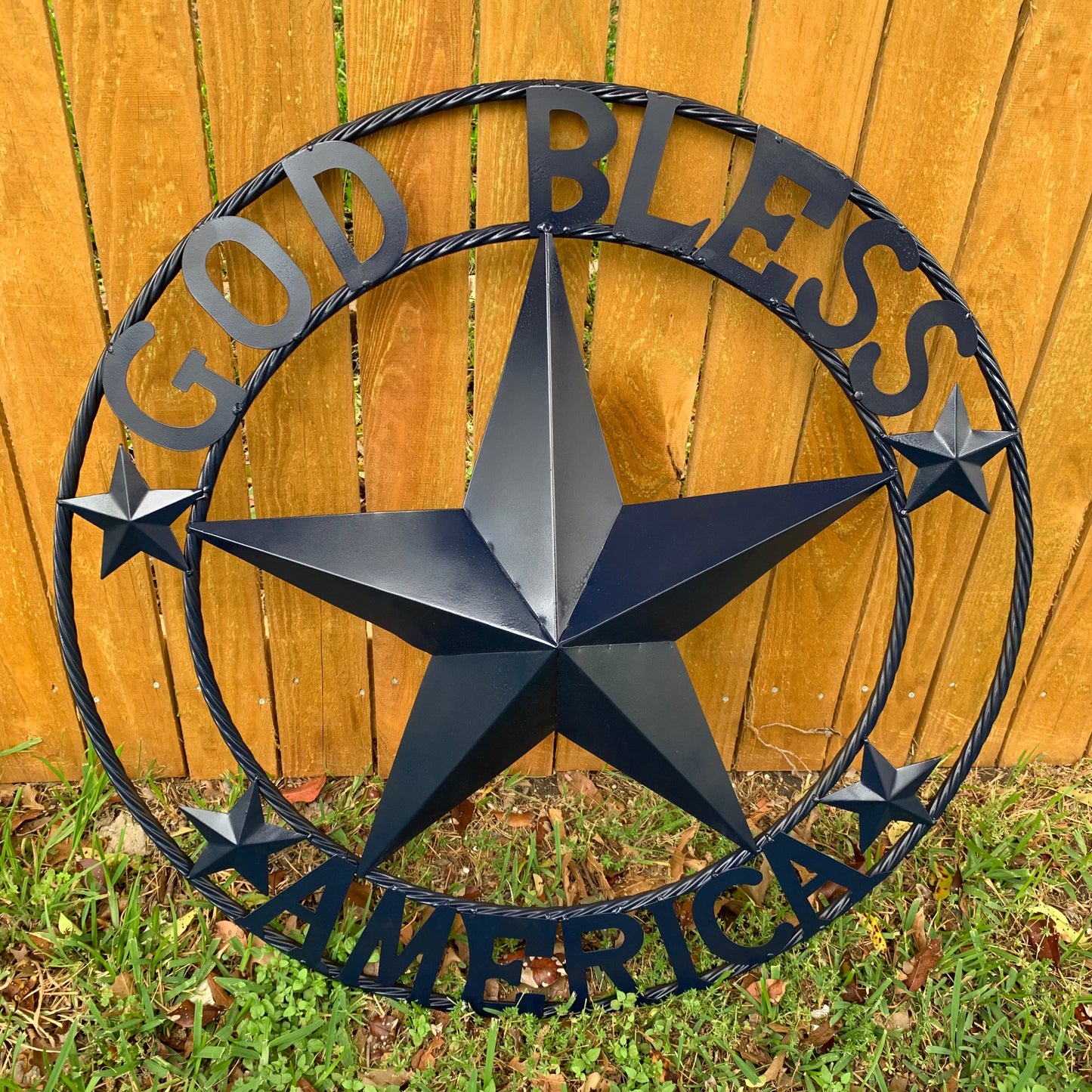 GOD BLESS AMERICA NAVY BLUE METAL BARN STAR RING ART WESTERN HOME DECOR NEW-#EH10131