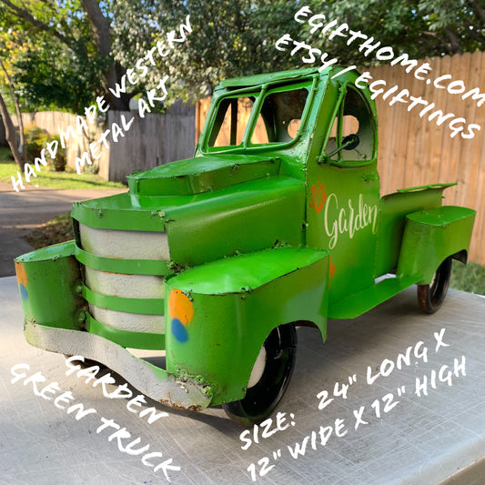 GARDEN GREEN 20" PICKUP TRUCK METAL ART GARDEN FIGURINE OUTDOOR & INDOOR GARDEN WESTERN HOME DECOR HANDMADE NEW SIZE 20"L x 10"W x 12" H #EH12523