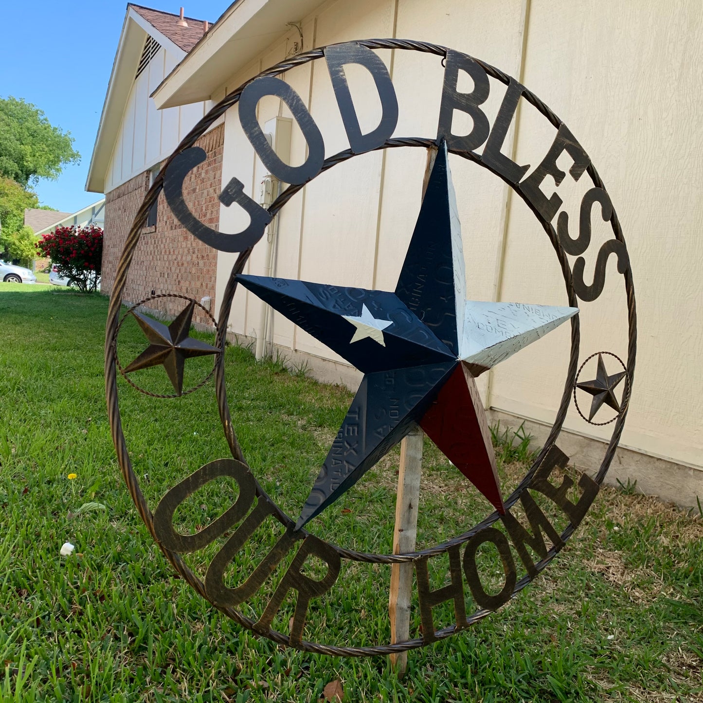 GOD BLESS OUR HOME LICENSE PLATE BARN METAL STAR ROPE RING WALL ART WESTERN HOME DECOR RED WHITE BLUE HANDMADE #EH12927