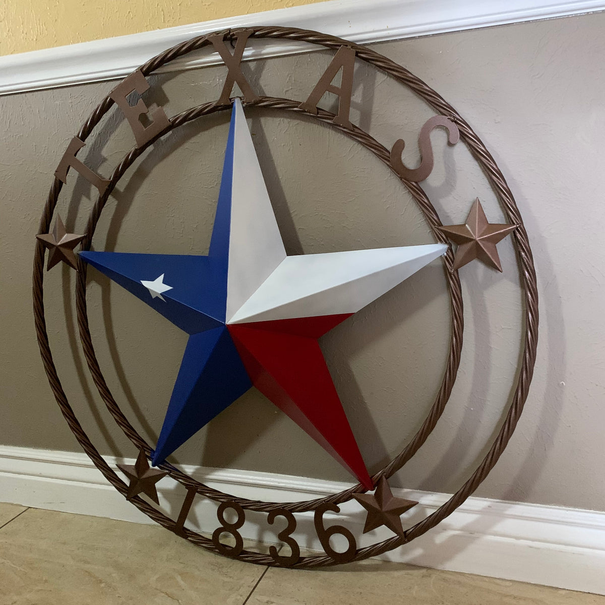 TEXAS 1836  FLAG STAR RED WHITE BLUE BARN STAR TWISTED ROPE RING BRONZE WESTERN HOME DECOR  #EH10958