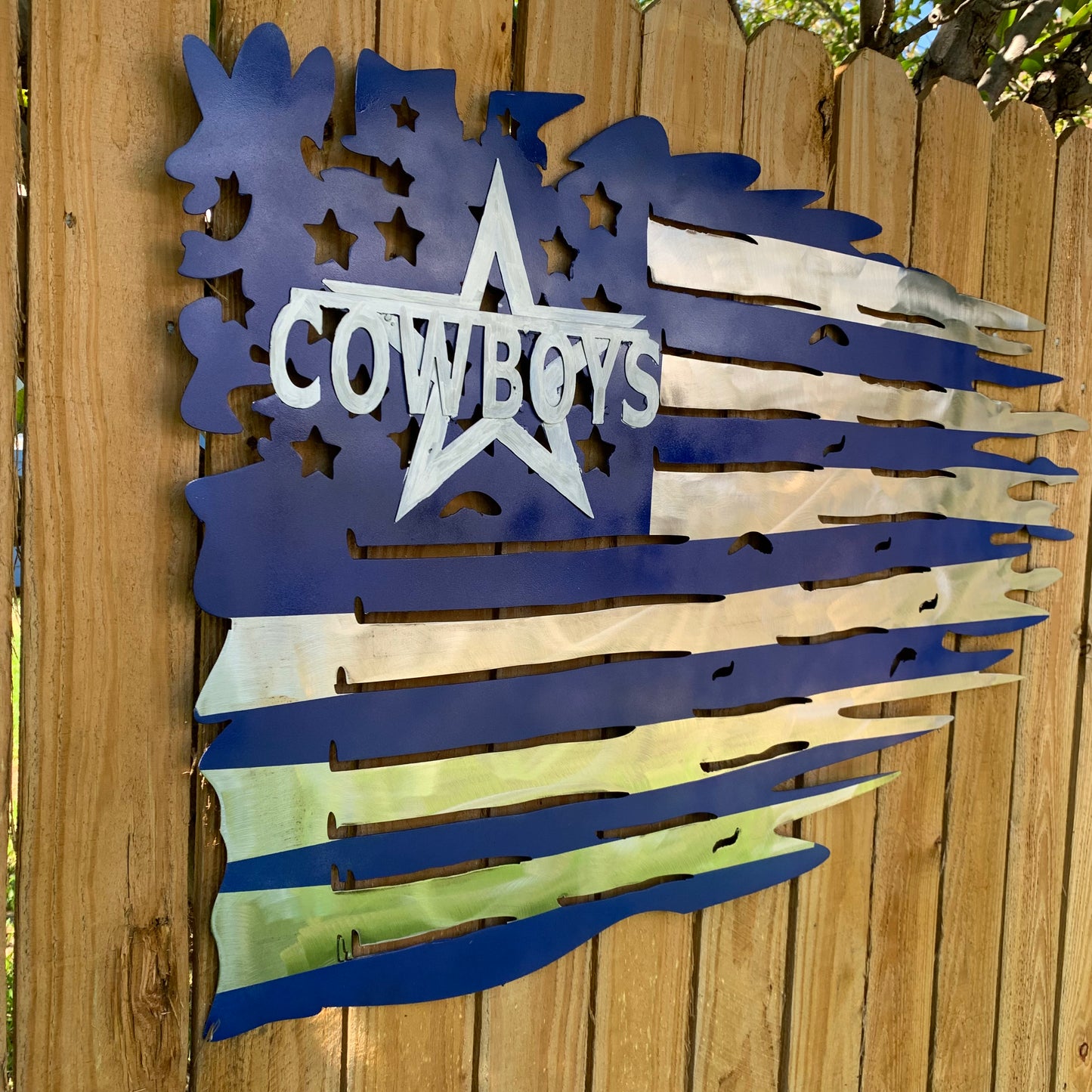 DALLAS COWBOYS METAL TATTERED FLAG BRIGHT BLUE & SILVER CUSTOM VINTAGE CRAFT TEAM SIGN HANDMADE