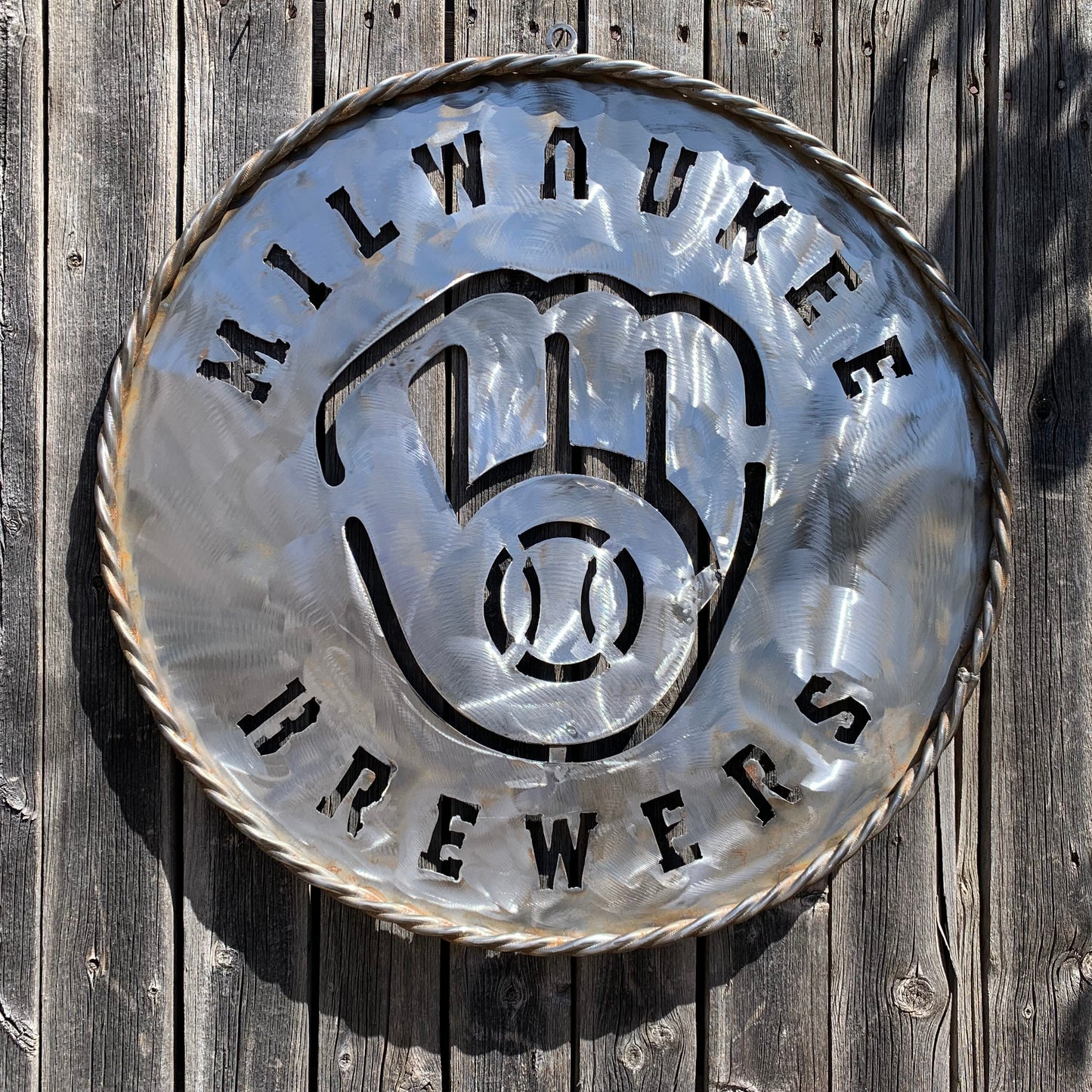 24" MILWAUKEE BREWERS RAW METAL WIDE BAND DISC STYLE CUSTOM METAL VINTAGE CRAFT TEAM SIGN HANDMADE