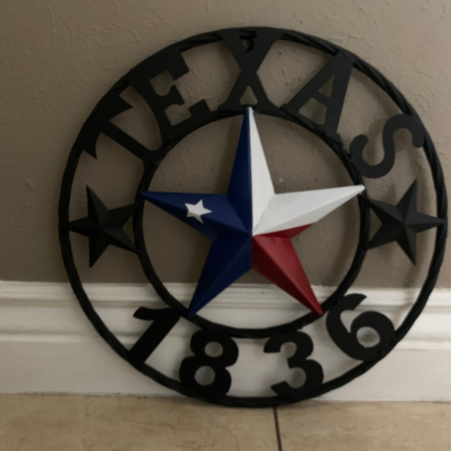 16" TEXAS 1836 RED WHITE BLUE TEXAS FLAG STAR & BLACK RING BARN STAR METAL WALL WESTERN HOME DECOR HANDMADE NEW ART